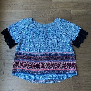 Aztec Themed Red Camel Blue and Black Patterned Blouse-Size Large